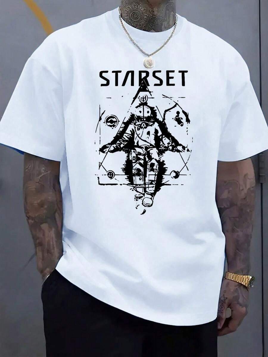 Men'S Short Sleeve T-Shirt With "STARSET" Graphic Print - Comfortable Casual Style, Stretchy Neckline, Outdoor Activities, Black With White Design, Polyester Blend, Washable, Outdoor Tshirt | Bold Graphic Tee | Comfortable Fit220g Heavy-Duty Pure Cotton T-Shirt, Fashionable And Comfortable Wo's Cotton T-Shirt, Suitable For Weekends, Travel, Shopping, Outdoor Activities Or Leisure, High-Quality Durable Fabric Suitable For All Seasons, Fashionable Top, - Trắng 5 - Xem 1