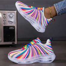 Women's Premium Colorful Rainbow Low-Top Lace-Up Sneakers, Classic Comfortable Breathable Soft Bottom Sports Running Shoes For Casual Tennis Walking All Season. Fashionable Air Cushion Shock Absorbing Sneakers - 彩色 - 查看 3