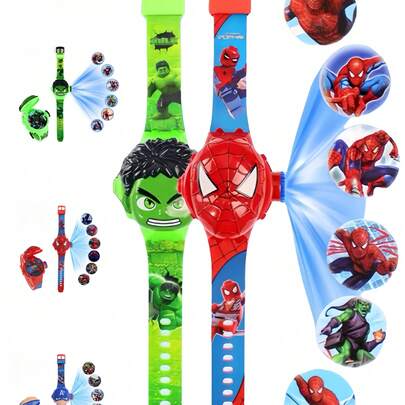 漫威新款翻盖设计投影夜光卡通英雄青少年电子手表，蜘蛛侠手表青少年礼物，男女通用卡通印花手表