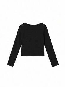 春季韩版蕾丝拼接纽扣修身二合一长袖T恤上衣 - 黑色 - 查看 6