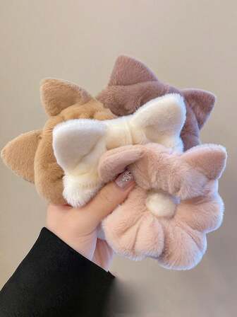 Winter And Autumn Plush Cat Ears Hair Tie For Girls With High Hairstyle Level - Ponytail With Hair Tie, Sweet Bun Hairstyle With Hair Elastic, Flower-Shaped Hair Accessory ,Makeup ,Scrunchy