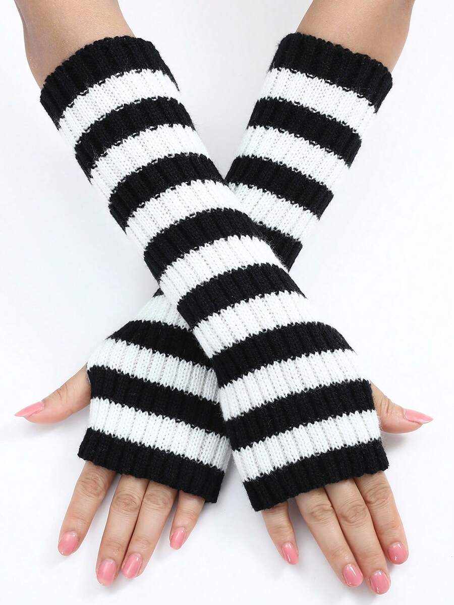 Women's Striped Knitted Fingerless Gloves, New Autumn/Winter Mid-Length Warm And Fashionable Arm Sleeves