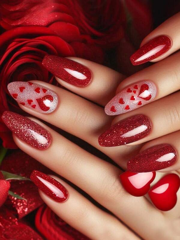 24 pezzi di unghie finte rosse a mandorla con punte francesi, stile Y2K, di media lunghezza, con glitter, motivi geometrici e a strisce, a cuore, stile semplice, riutilizzabili, unghie acriliche finte, accessori per unghie, con 24 pezzi di linguette in gel e una mini lima inclusi