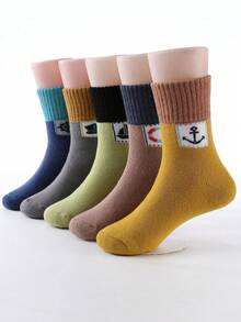 5 双儿童厚款保暖内衬锚形图案中筒保暖袜，秋冬款