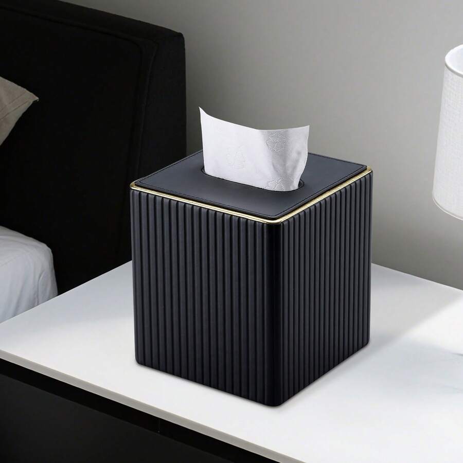 Gold-Edged Square Vertical Striped Tissue Box - Fashionable Cubic Tissue Box Holder, Magnetic Bottom, Decorative PU Tissue Box Suitable For Vanity, Nightstand, Desk, Kitchen Counter, Home Office, Car (Milk Tea Color) - Multicolor - View 1