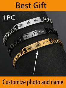 1pc Customizable Stainless Steel Cuban Link Photo & Name Engraved Bracelet, Personalized Eye Engraving, Bar Bracelet With Photo, Boyfriend Gift, Couples Bracelet, Bracelet, Men's Gift, Customized Gift, Friendship Bracelet, Birthday Gift, Valentine's Day Gift, Mother's Day, Father's Day, Ramadan Gift, Personalized Holiday Gift, Gift For Couples, Friends, Family, All Seasons - Multicolor - View 9
