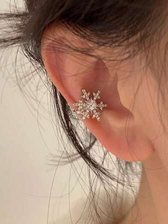 1只雪花水钻夹式耳环，简约风格铜合金银色耳环，适合女性日常、通勤、派对、圣诞节、节日礼物、新年礼物、情人节礼物