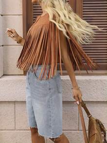 Vintage Bohemian Western Cowgirl Fringed Suede Sleeveless Loose Music Festival/Date/Vacation Blouse For Women