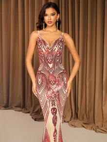 LOVE&LEMONADE Red V-Neck Sequin Embellished Evening Gown (Random Floral Pattern On Back, Not Matched) - Red - View 2