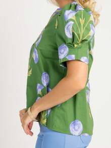 Women's Boho Floral Print Casual T-Shirt Puff Sleeve Notch V-Neck Blouse Tops For Spring Summer Streetwear Aesthetic Clothes - 綠色 - 查看 4