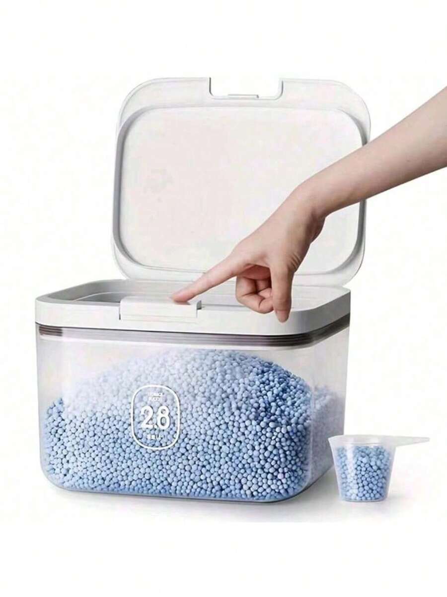 1-Click Lid Laundry Detergent Dispenser, Transparent PET Material Powder Container With Measuring Cup. Laundry Gel Ball Containers Available In 2.8L, 4.5L And 5.5L Capacities. Bathroom Accessory, Home Decor