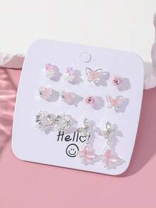 6 对/套粉色玫瑰花、流苏、蝴蝶图案耳环套装，适合女士