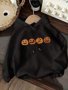 Sudadera con capucha de manga larga casual con estampado de calabaza, talla grande, para mujer - Negro - Ver 4