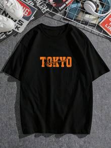 AnChiStreetwear - 大码男士时尚橙色赛车英文图案休闲短袖T恤，适合街头穿搭、户外活动和日常通勤。 - 黑色 - 查看 3