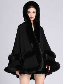 1pc Solid Color Double Layer Faux Fur Hooded Shawl