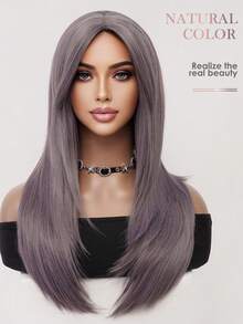 灰紫色 26 英寸长直发假发分层自然发质光滑逼真假发合成假发适合女性日常派对婚礼假发万圣节使用角色扮演服装假发多功能街头时尚假发 - 淺灰紫 - 查看 6