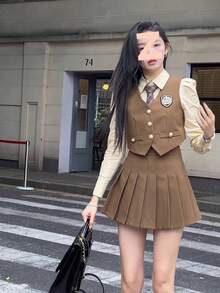 Autumn Women's Korean Drama College Style Suits, Small British Suit Vest Shirt Pleated Skirt JK Uniform - 咖色馬甲+裙子+襯衫(送領帶) - 查看 2