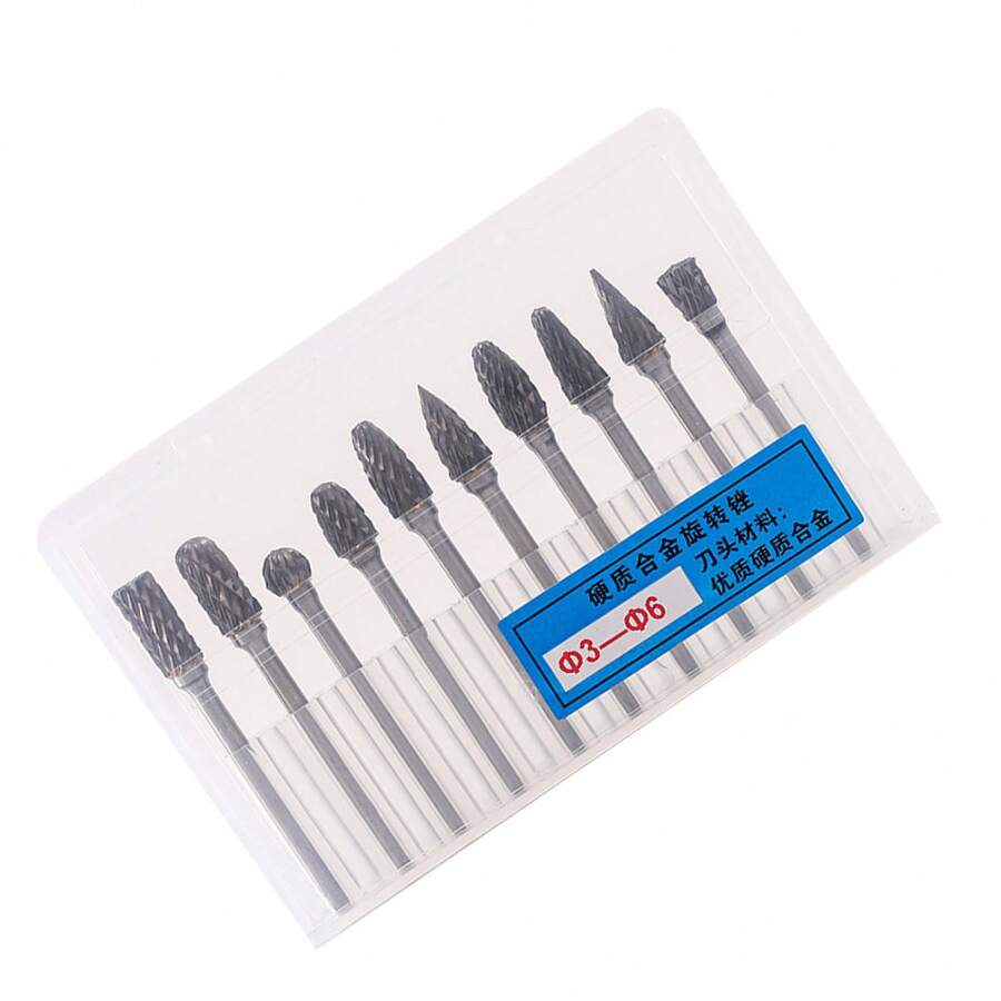 Juego de 10 piezas de limas rotativas de carburo para madera, cortador de fresado para carpintería, cuchillo de tallado y grabado en madera, juego de amoladora eléctrica con puntas afiladas - Doble grano 3*6 mm [caja transparente] - Ver 1