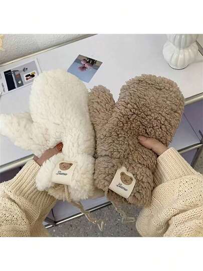 1 Pair Cozy Faux Cashmere Bear Mittens - Soft, Elastic, Warm, And Adorable Knitted Plush Gloves For Winter Outdoors, Hand Washable, 3 Color Options Thermal, Winter Gloves, Hand Warmer, Ski Gloves, Snow Gloves.