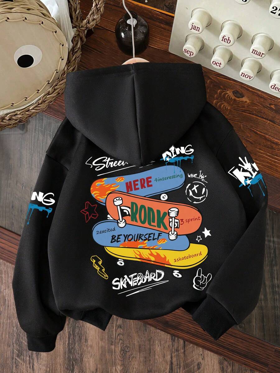 Young Boy Cartoon Skateboard Pattern Warm Hoodie