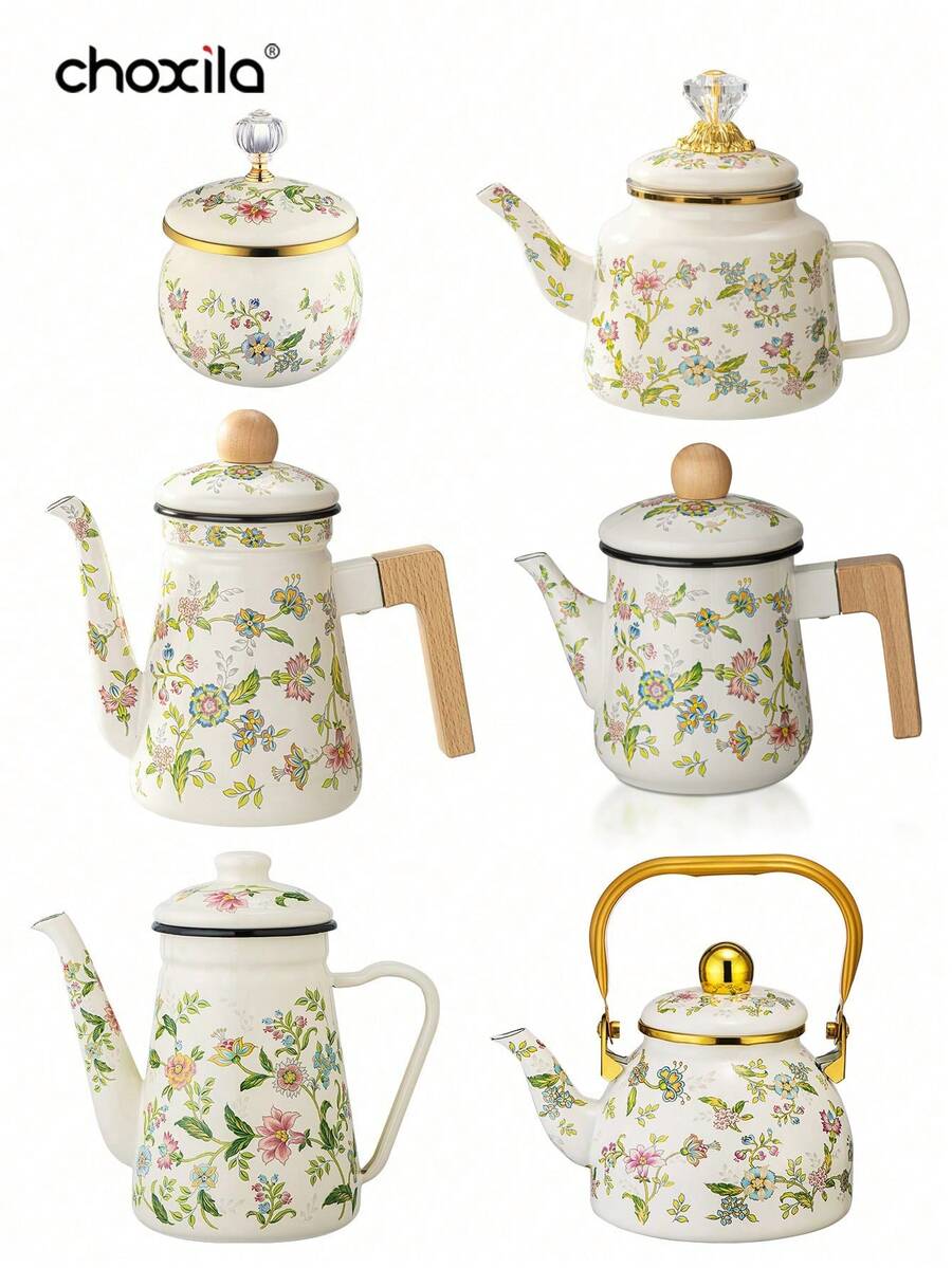 1 buc cafetieră emailată, fierbător, fierbător cu model floral, cafetieră de mare capacitate de 1,2 l, cafetieră cu mâner, cafetieră cu gură îngustă, oală de fierbere, oală de fierbere acasă, ceainic, potrivit pentru aragaz electric, prepararea cafelei sau a ceaiului pe gaz