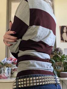 Women Striped Polo Shirt Fairy Grunge Long Sleeve Casual Pullover Top Loose Fit T Shirt Fall Spring Shirt Vintage Aesthetic Clothes Retro Streetwear 90s - Màu Đỏ Sâu - Xem 2