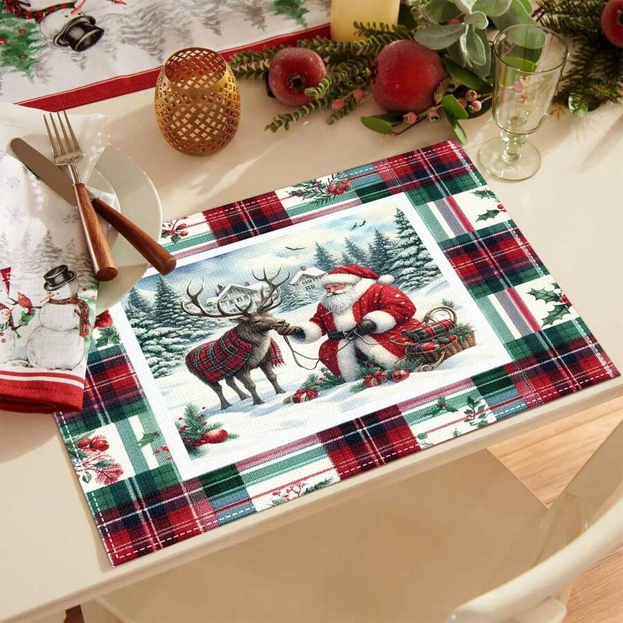 1/4/6 Stücke Weihnachts-Schneemann, Weihnachtsmann und Elch Serie Tischsets, hauptsächlich für Weihnachten, Weihnachtstag Tischsets, geeignet für Party, Küche, Restaurant Dekoration, rutschfest und hitzebeständig, fröhliche Elch Tischsets für Bauernhof, Innenküche, Tischdekoration für Familienfeiern, geeignet für Küchentisch Innen/Außen, abwaschbare Tischsets, die man abwischen kann.