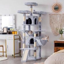 - rbol para gatos, torre de 71 pulgadas XL para gatos de interior, casa de gatos de varios niveles con 3 perchas acolchadas, rascador, cesta acogedora, 2 condominios para - Peltre - Ver 3