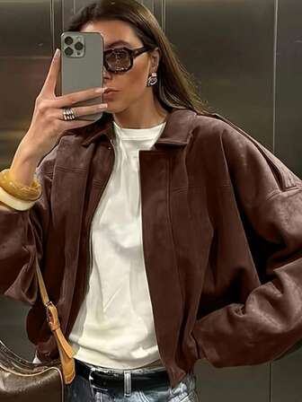 Faux Leather Motorcycle Belt Fashionable Women's Leather Short Jacket, Plus Size Suede Bomber Jacket Street Wear Winter Pocket Jacket