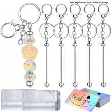 15/30/60 Stücke Perlenbare Schlüsselanhänger Stangen, wiederverschließbare Beutel und Dankeskarten Set beinhaltet 5/10/20 Perlen Schlüsselanhänger, 5/10/20 Verpackungsbeutel, 5/10/20 Dankeskarten für DIY Anhänger Handwerkskunst Schmuck