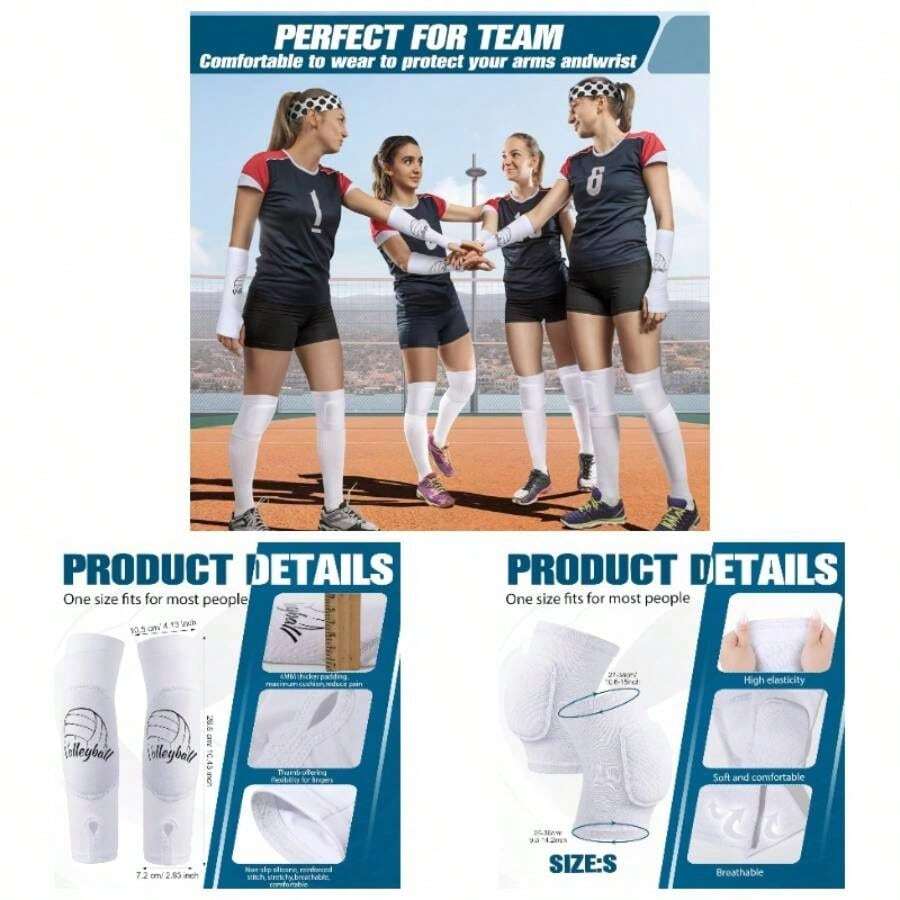 4 Pcs Volleyball Knee Pad And Arm Sleeve Volleyball Accessories Stuff Forearm Elbow Sleeve Wrist Guard With Pad And Thumb Hole Women Men Adult - Small + White - View 1