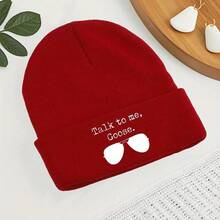 Funky "Talk To Me, Goose" Beanie - Soft, Warm Knit Winter Hat With Aviator Glasses Print, Unisex Streetwear Accessory For Men & Women, Black, Stretchy Acrylic Blend, Casual & Stylish - 黑色的- - 查看 5