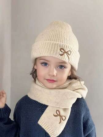 2 Pieces Boys' And Girls' Winter Knit Hat And Scarf Set – Featuring Adorable Bow Embroidery, Soft And Warm, Perfect For Winter Wear; Ideal Holiday Gift Set For Girls And Boys; Includes Matching Hat And Scarf, Suitable For Cold Weather And Casual Wear; Perfect Christmas And New Year Accessory.