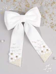 1pc White Corduroy Bow Hair Clips For Girls, Elegant Pearl Flower Corduroy Hair Barrettes, Alligator Clips, Soft Daily Wear Hairpins, Teens Hair Accessories