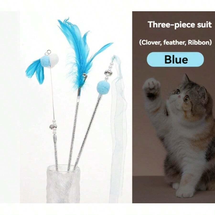3 包弹力猫棒玩具趣味互动毛绒猫钓鱼杆玩具带铃铛柔软天然木质小猫逗猫棒适用于室内猫咪小猫无聊猫咪（款式随机发货） - 藍色 - 查看 1