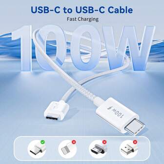 100W USB Type C 数据线，快充数据线，外层尼龙编织线加强设计，1PC/3PCS/5PCS包装，手感好，韧性好，形状稳定，适合室内/室外/出差/旅行/车内使用，兼容各种型号手机，Type-C手机、笔记本电脑和平板电脑，黑/白