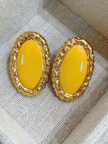 1 Pair Vintage French Style Enamel Oval Stud Earrings, Elegant Palace Style Earrings, Fashionable And Luxurious