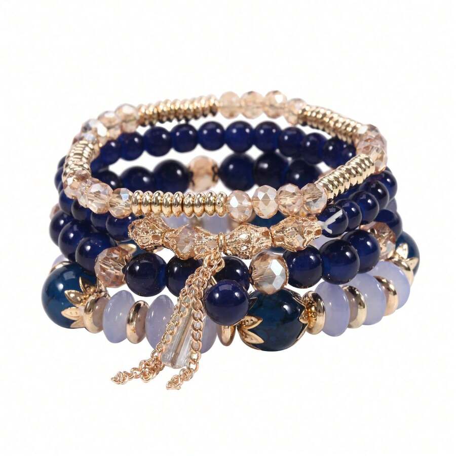 4Pcs/Set Fashion Boho-Chic Multi-Layer Tassel Colorful Beaded Bracelet With Stretchy Elastic Cord Crystal Pendants Bracelets Perfect For Casual Attire & Gifting, Bohemian, Creative, Ladies - 藍色 - 查看 1