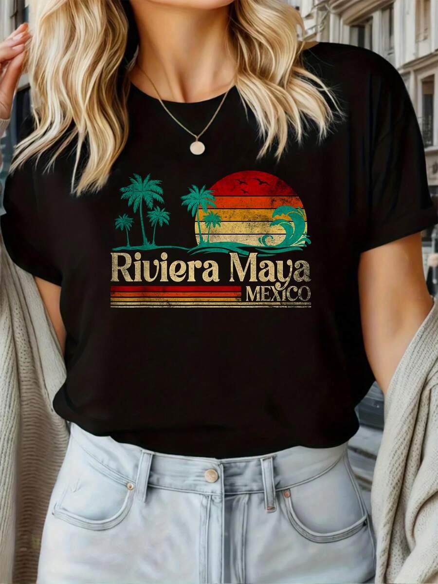 100% Algodón Unisex Riviera Maya México Vintage Sol Playa Vacaciones Recuerdo Camiseta, Camiseta de Manga Corta de Verano para Hombre - Negro 10 - Ver 1