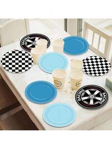 48Pcs Race Car Birthday Party Paper Plates For Theme Party Supplies 7" Black White Fast Paper Plates Blue Racing Car Disposable Tableware For Kids Boys Birthday Baby Shower Decorations - Xe đua - Xem 3
