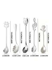 1/5/10 Pcs Creative Stainless Steel Spoons - Cat Paw, Shell, Bull Head, Sunflower Designs, Handmade Mirror Polished Mugs, Coffee & Dessert Spoons - Multicolor - View 2
