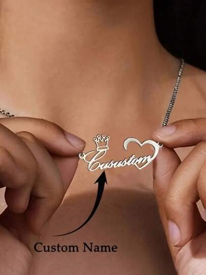 1 Stück personalisierte Namenskette mit Krone und Herz, personalisierte Edelstahl-Namenskette, Geburtstags-, Feiertags-, Valentinstags-Geschenk, Alltagsparty-Accessoire, Jahreszeit-Accessoire, elegantes Schriftdesign, exquisite Kette, charmante und elegante Dekoration, personalisiertes Design, als nachdenkliches Geschenk und tägliches Bekleidungszubehör geeignet