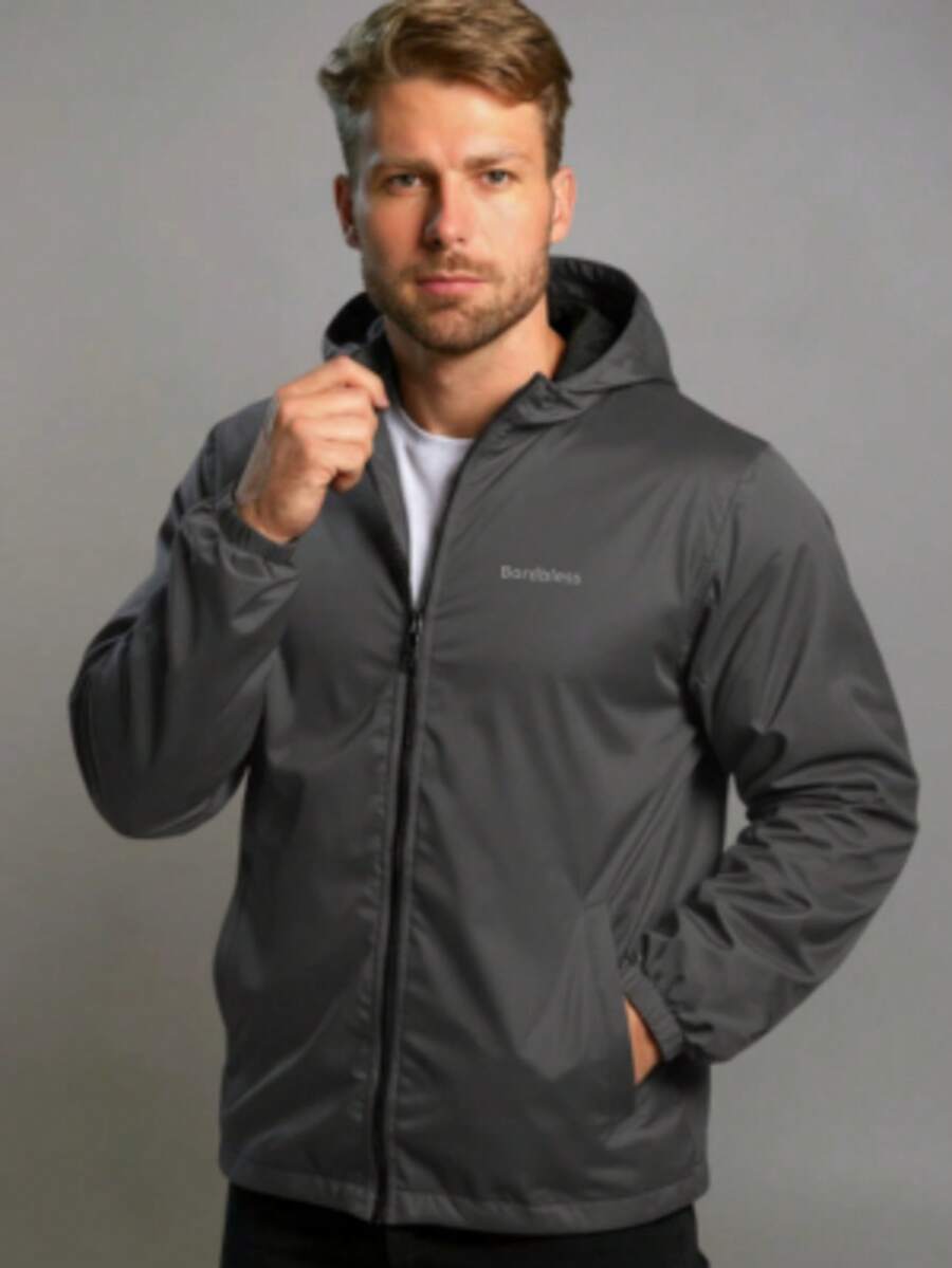 Men's Windbreaker Jacket, Lined, Waterproof, Plain, Hooded - Dark Grey - View 1