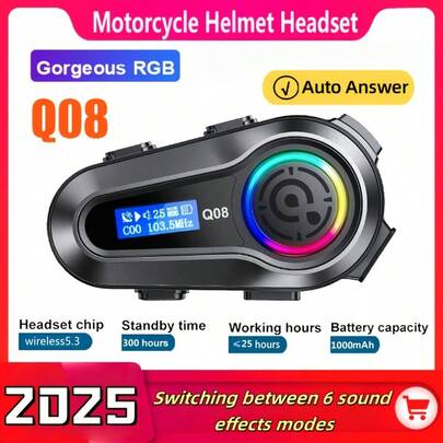 Q08 Motorcycle Wireless Helmet Headset With LCD Display, Showing Battery Level, Volume, And Temperature. Features 6 Sound Effect Modes To Switch Between. Wireless BT5.3 Connection To Phone, 25-Hour Talk Time Battery Life, 1000mAh High-Capacity Battery, Auto Answer, Supports FM Radio Reception