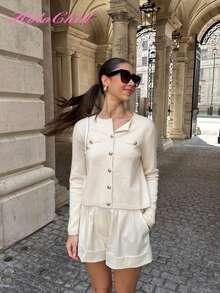 HoloChill Women's Casual Style Round Neck Contrast Button Front Cardigan, 2025 Autumn/Winter New, Christmas