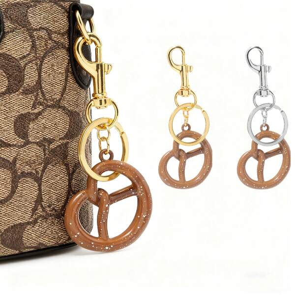 1pc Women's Fashion Keychain - Pretzel Shaped Keyring With Gold Accents, Durable Metal Ring Suitable For Bags, Wallets, Keys - Stylish Everyday Accessory, Cute Key Chain, Bag Charm, Key Organizer, Fun Design, Embossed Details, Gold Hardware, High-Quality Charming Decor, Gift Idea