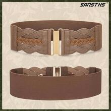 Vintage Stretchy Wide Elastic Belt With Gold Buckle For Women - 深棕色 - 查看 4