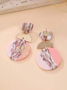 1 对手工制作的软粘土纹理粉色和金箔几何拼布奢华派对耳环，适合女士，适合聚会、旅行、度假和作为礼物，有多种颜色可供选择 - 粉色 - 查看 5