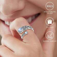 S925 Sterling Silver Moonstone Women's Ring Low Allergy Spoon Ring Victorian Vintage Style Adjustable Butterfly Thumb Jewelry Daily Party Holiday For Loved Ones Box - Bạc - Xem 6
