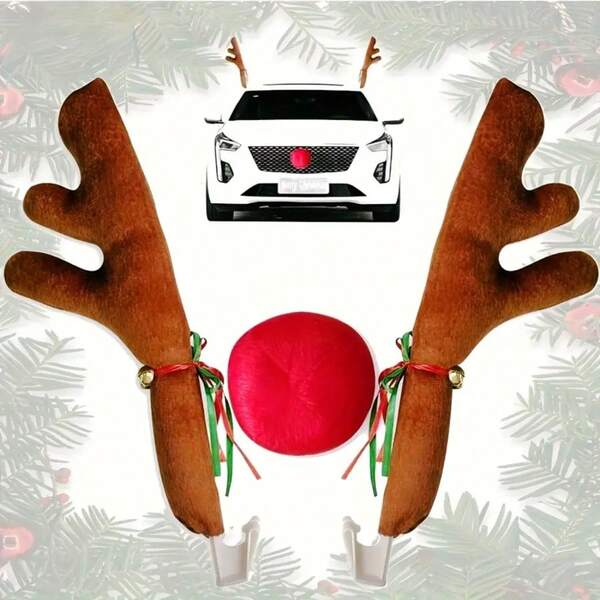 Car Deer Antlers And Nose - Window, Roof, And Grille Rudolf Red Nose Christmas Costume Accessories Decoration Set, Holiday Vehicle Accessories, Seasonal Car Hangers, Fun Holiday Designs, Easy To Install Decorations, Lightweight Decoration, Joyful Drivers, Festival Enthusiasts